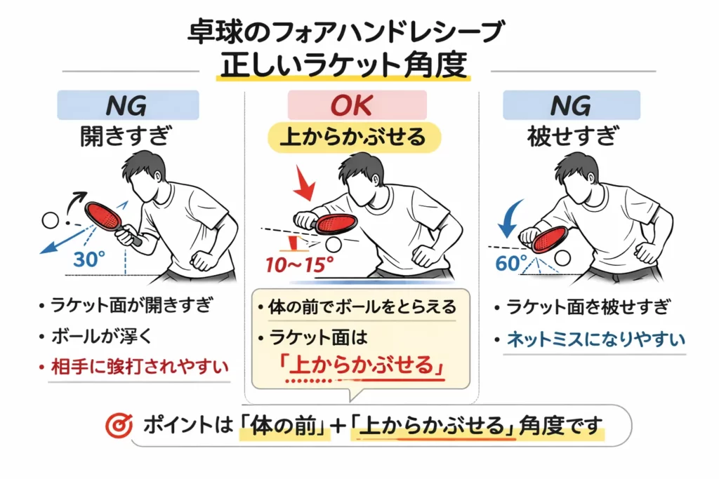 フォアハンドレシーブの正しいラケット角度とNG例を比較した図