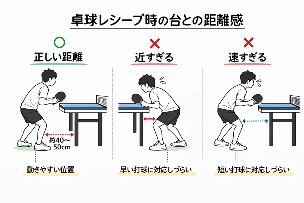 卓球レシーブ時の正しい距離と、近すぎ・遠すぎの比較図