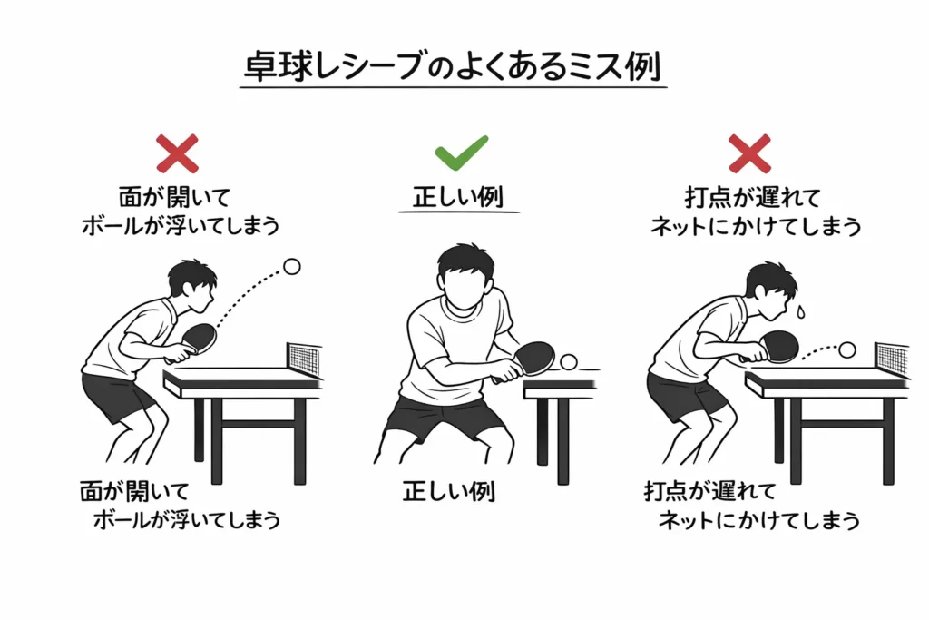 卓球レシーブのミス例（面が開く・打点が遅れる）と正しい例の比較図