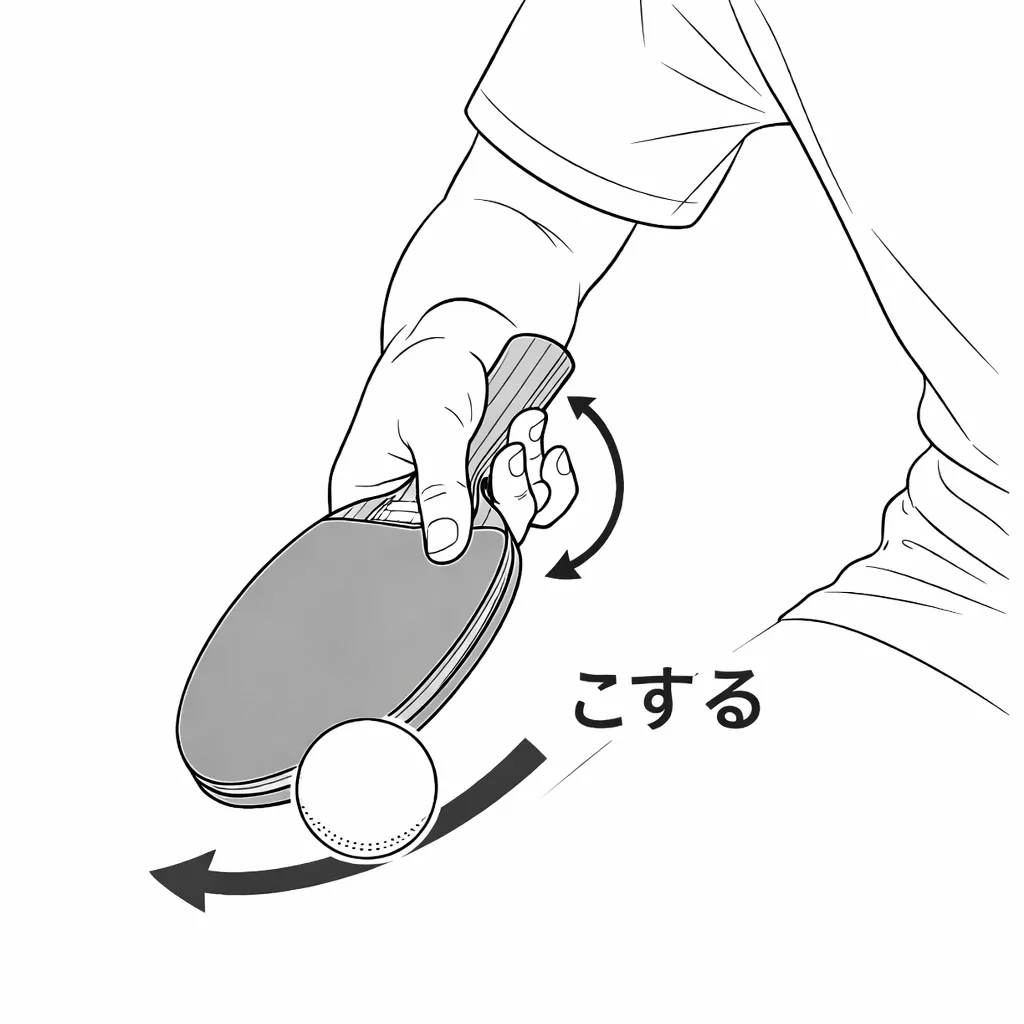 しゃがみ込みサーブで横下回転をかけるインパクトのイラスト