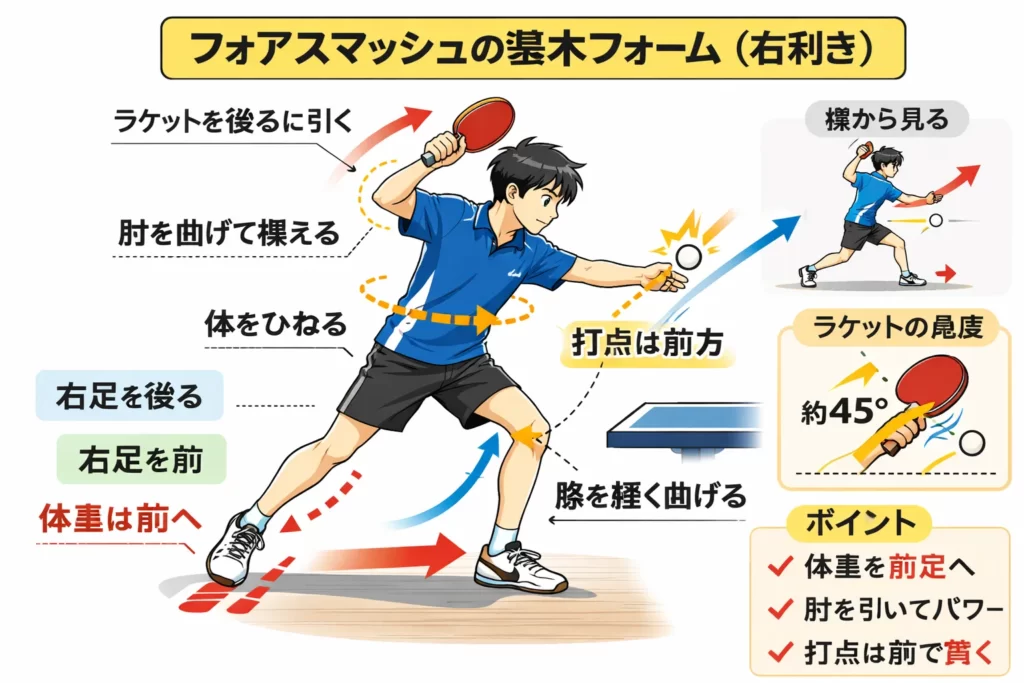 フォアスマッシュの基本フォーム(構え・体の向き・ラケット位置)