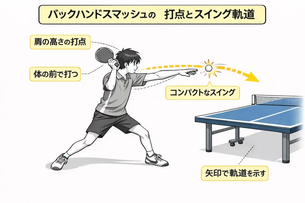 バックスマッシュの打点とスイング軌道の図