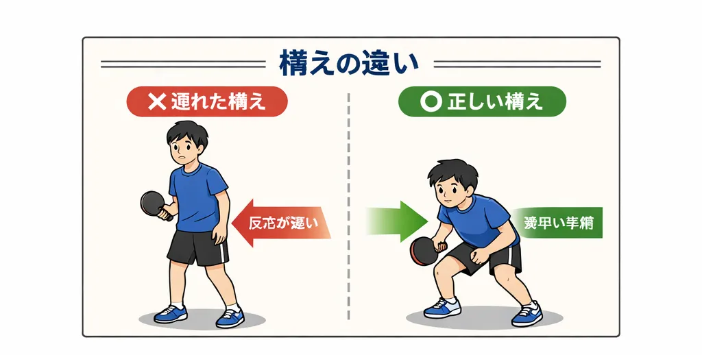 卓球のレシーブで正しい構えと間違った構えを比較した図。膝の曲げ方と重心位置の違いを解説
