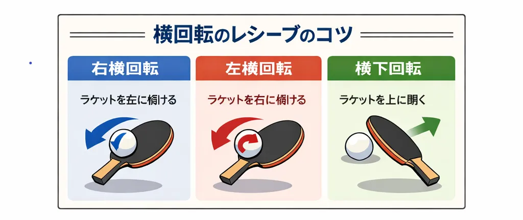 卓球の横回転サーブに対するレシーブ方法を示した図。回転方向別のラケット角度と当て方を解説