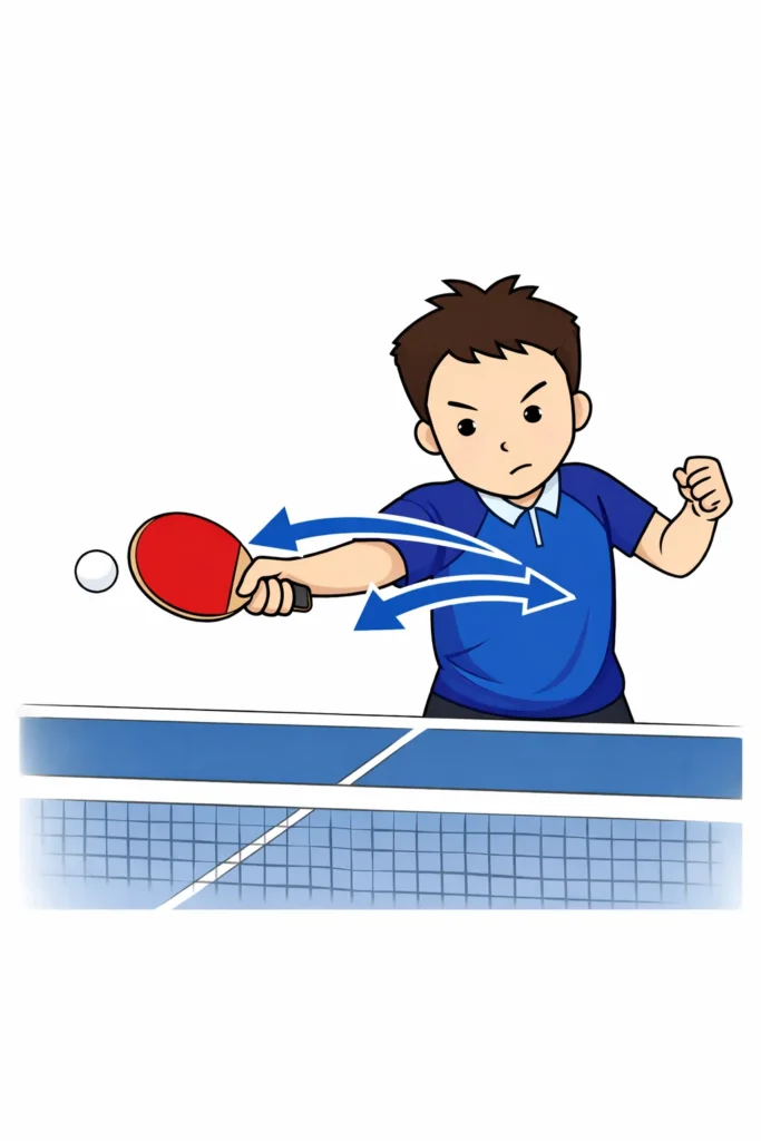 バックハンドYGサーブのフォーム図。体の前でラケットを構え、内側から外側へ振るスイング方向を矢印で示した正面イラスト。