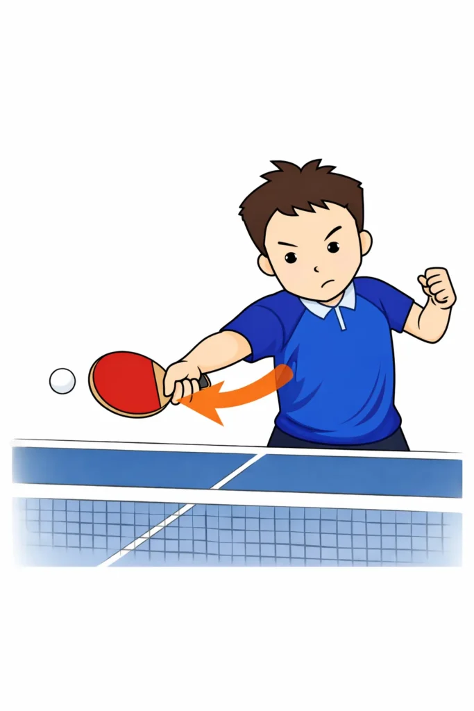 フォアハンドYGサーブのフォーム図。肘を支点にラケットを内側から外側へ振り抜くスイング方向を矢印で示した正面イラスト。