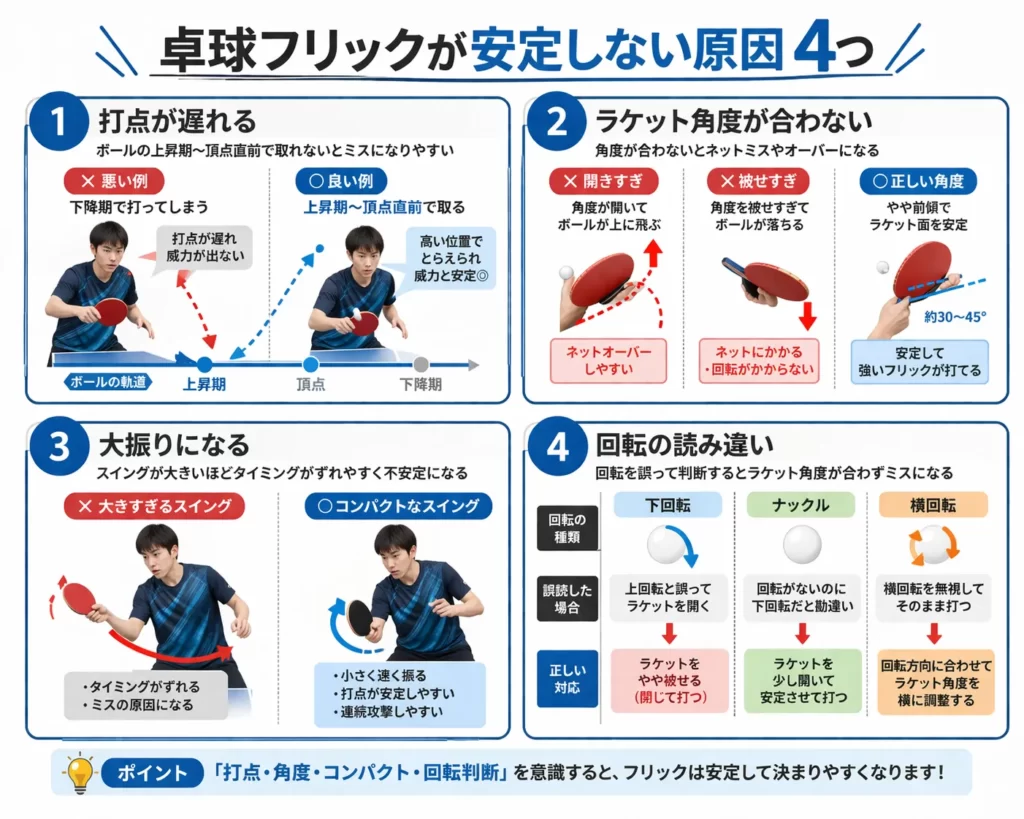 卓球フリックが安定しない4つの原因の図解｜打点遅れ・角度ミス・大振り・回転読み違い