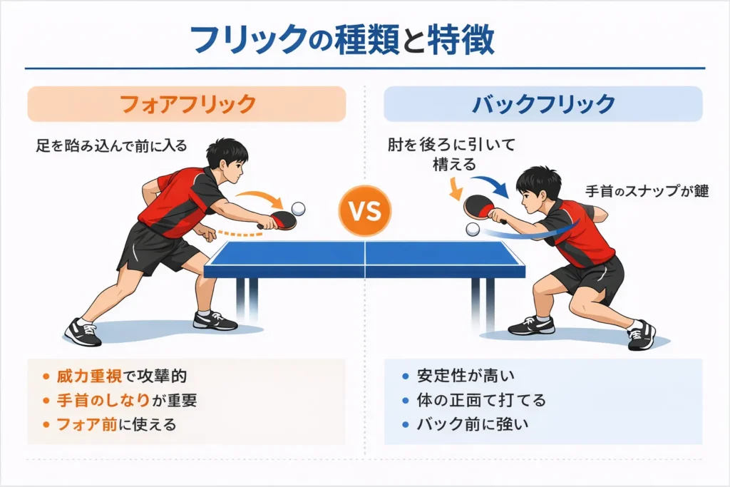 卓球フリックの種類と特徴を比較した図。フォアフリックとバックフリックの動作、打点、得意な場面の違いを解説