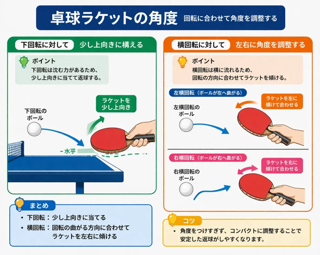 卓球ストップのラケット角度の作り方（下回転・横回転への対応）
