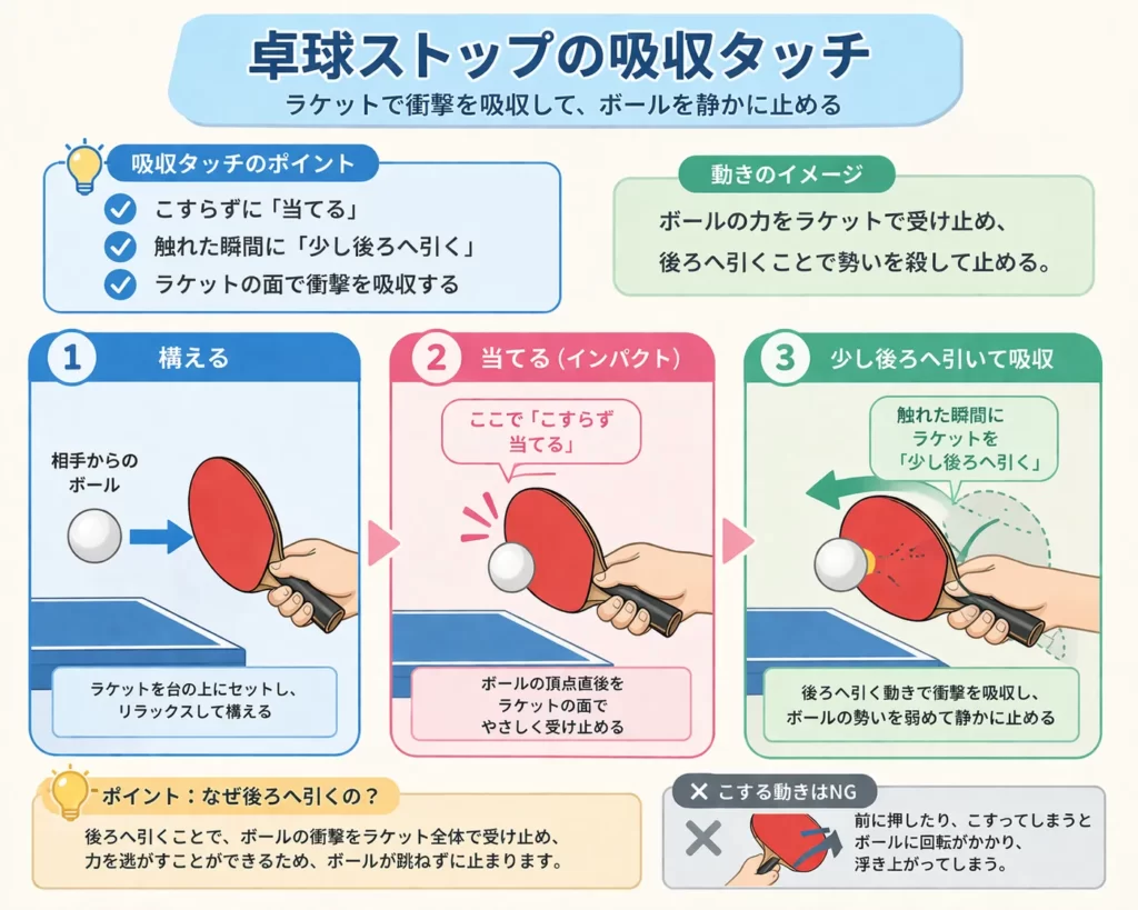 卓球ストップの吸収タッチの動き（力を抜いて後ろに引く）
