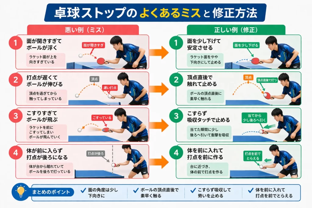 卓球ストップのよくあるミスと修正方法を比較した図解（面・打点・タッチ・体の位置）