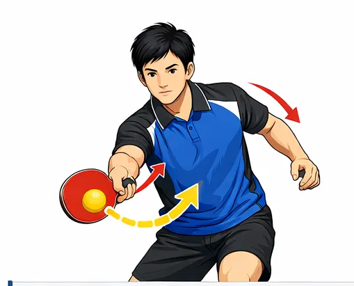 卓球フォアハンドストップフォームの正面図。ラケット面と打球角度、体の構えを示したシルエット