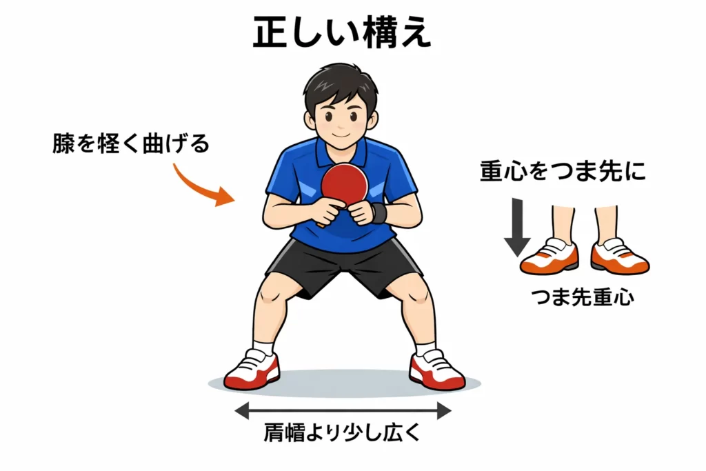 卓球の正しい構えを示す図。足幅、重心、膝の角度、ラケット位置を説明したフットワークの基本姿勢。