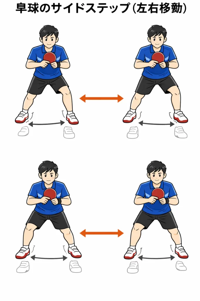 卓球のサイドステップの動きを示す図。左右移動で足を運ぶ順番と体の向きを矢印で説明している。