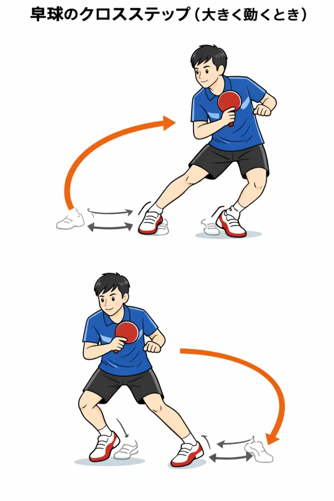 卓球のクロスステップの動きを示す図。右利き選手が大きく移動するために右足を左足の前にクロスさせる様子を矢印で説明している。