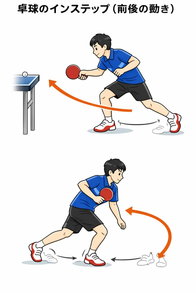 卓球のインステップの動きを示す図。短いボールに前へ踏み込み、元の位置へ素早く戻る前後フットワークを矢印で説明している。