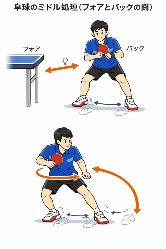 卓球のミドル処理の動きを示す図。フォアとバックの間に来たボールへ、体の向きを保ちながら小さく足を動かして対応する様子を矢印で説明している。