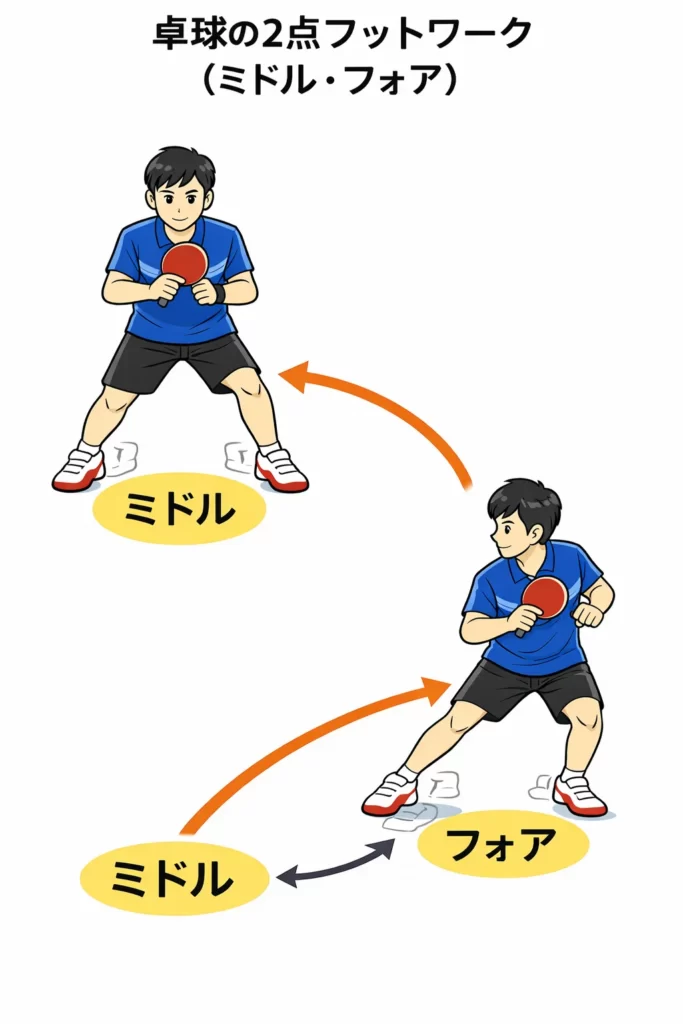 卓球の2点フットワーク（ミドル・フォア）の動き方を示した図