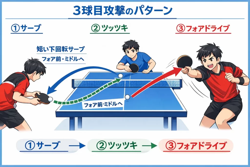 短い下回転サーブからツッツキを誘い、3球目をフォアドライブで攻撃する卓球の基本パターン図