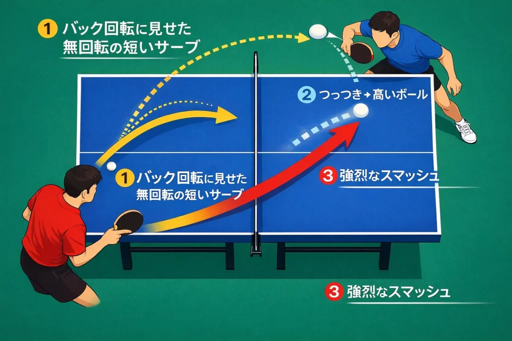 ナックルサーブで浮き球を誘い、スマッシュで仕留める3球目攻撃の図