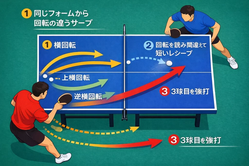 同じフォームから変化系サーブを出し、相手の読みを外して3球目強打につなげる戦術図