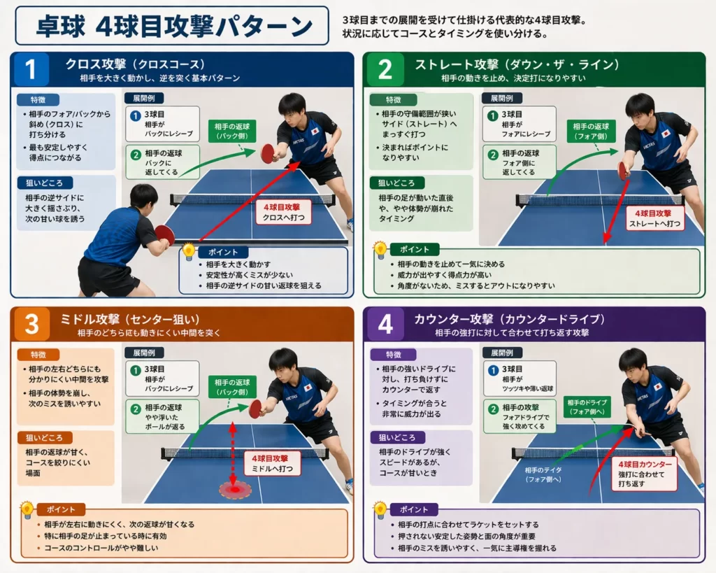 卓球3球目攻撃の回転別パターン図。下回転サーブからのドライブ、横回転サーブからのミドル攻め、上回転サーブからの速攻を比較した戦術図。
