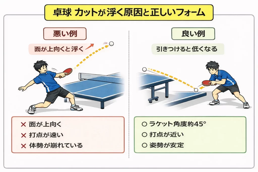 卓球カットが浮く原因と正しいフォームを比較した図解。悪い例としてラケット面が上向き、打点が遠く、体勢が崩れている姿を示し、良い例としてラケット角度45度、打点を体に引きつけ、姿勢が安定したフォームを並べて説明。