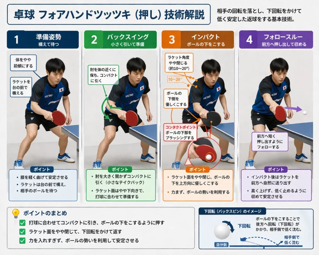 卓球フォアツッツキの4工程（構え・バックスイング・インパクト・フォロースルー）をまとめた技術解説図。