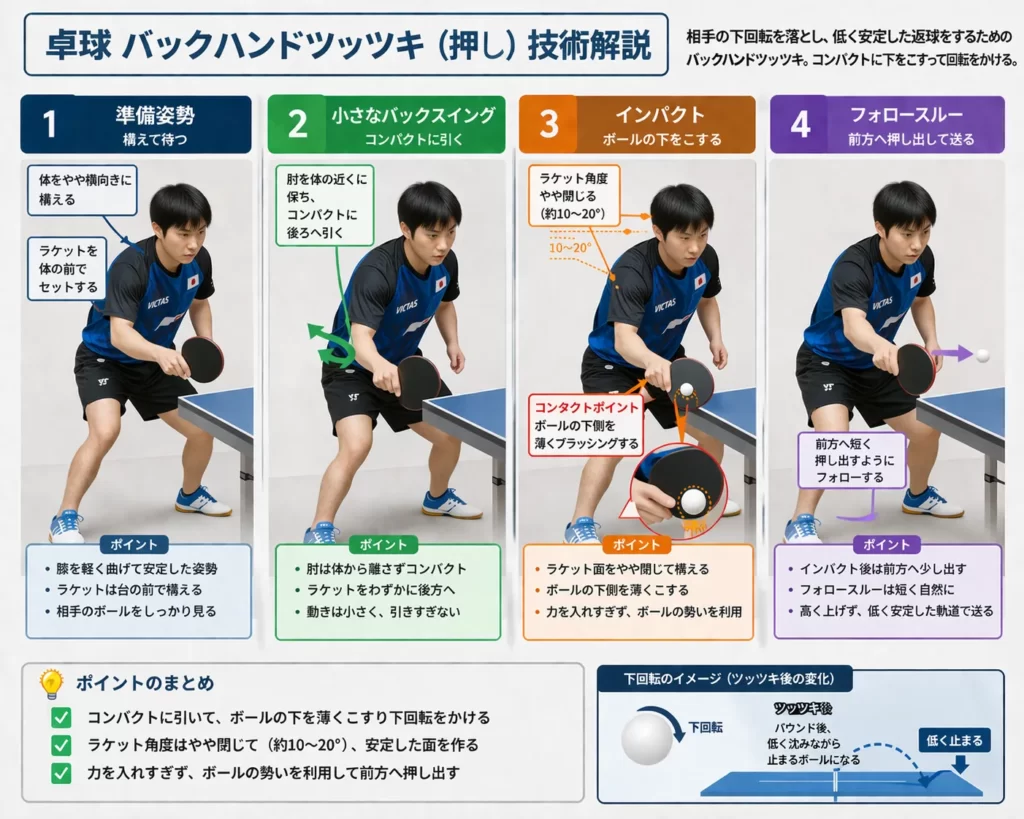 卓球バックツッツキの4工程（構え・準備動作・インパクト・フォロースルー）をまとめた技術解説図。