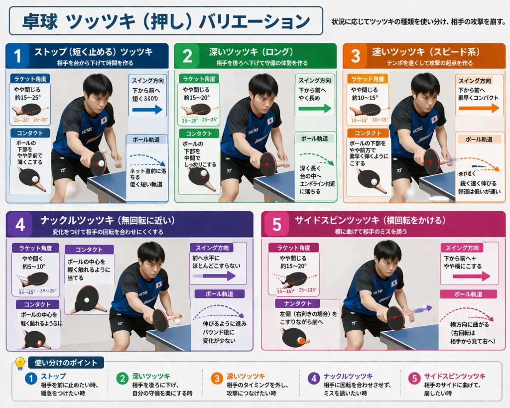 卓球ツッツキの種類（ストップ・深い・速い・ナックル・横回転）を比較した技術解説図。ラケット角度と打球軌道の違いを示した図。