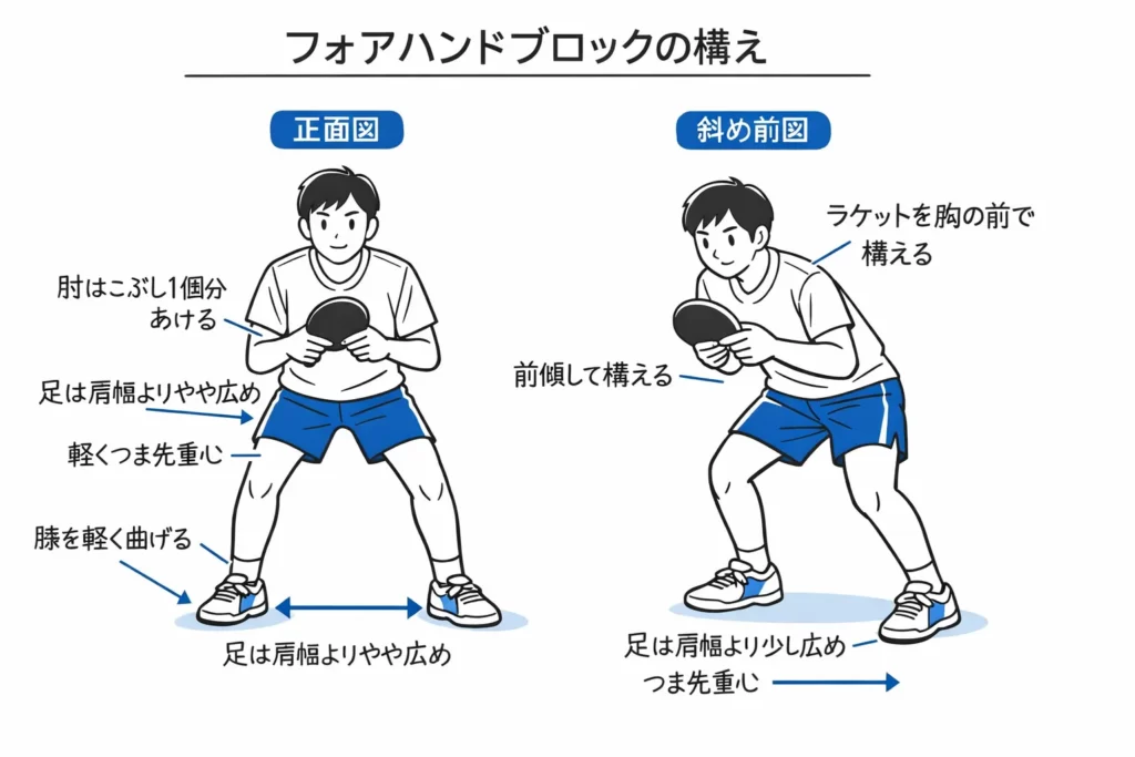 卓球フォアブロックの構え｜スタンス・重心・肘・ラケット位置の正しいフォーム図