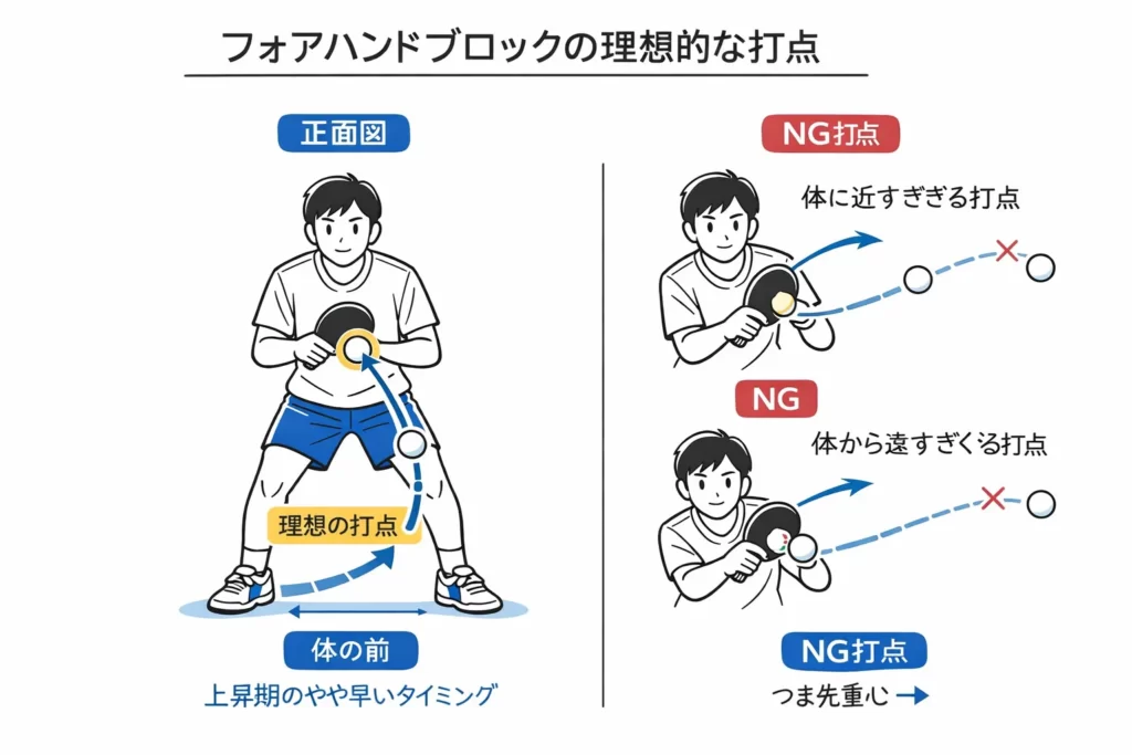 フォアブロックの理想打点位置｜体の斜め前・バウンド直後〜頂点前の打点解説図