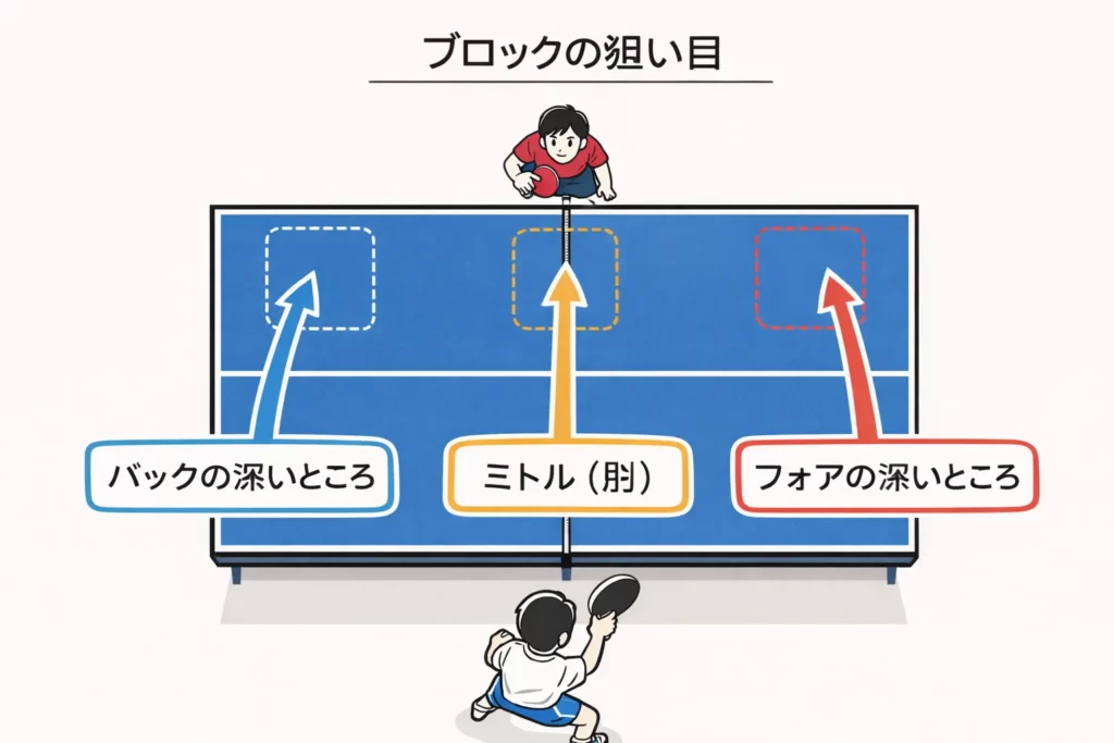 バックブロックの狙うコース｜バック深く・ミドル・フォアへの返球位置図