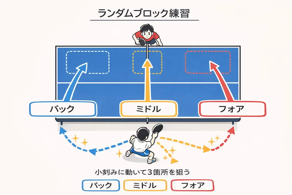 ランダムブロック練習図｜フォア・バック・ミドルの3点を切り替える動き方