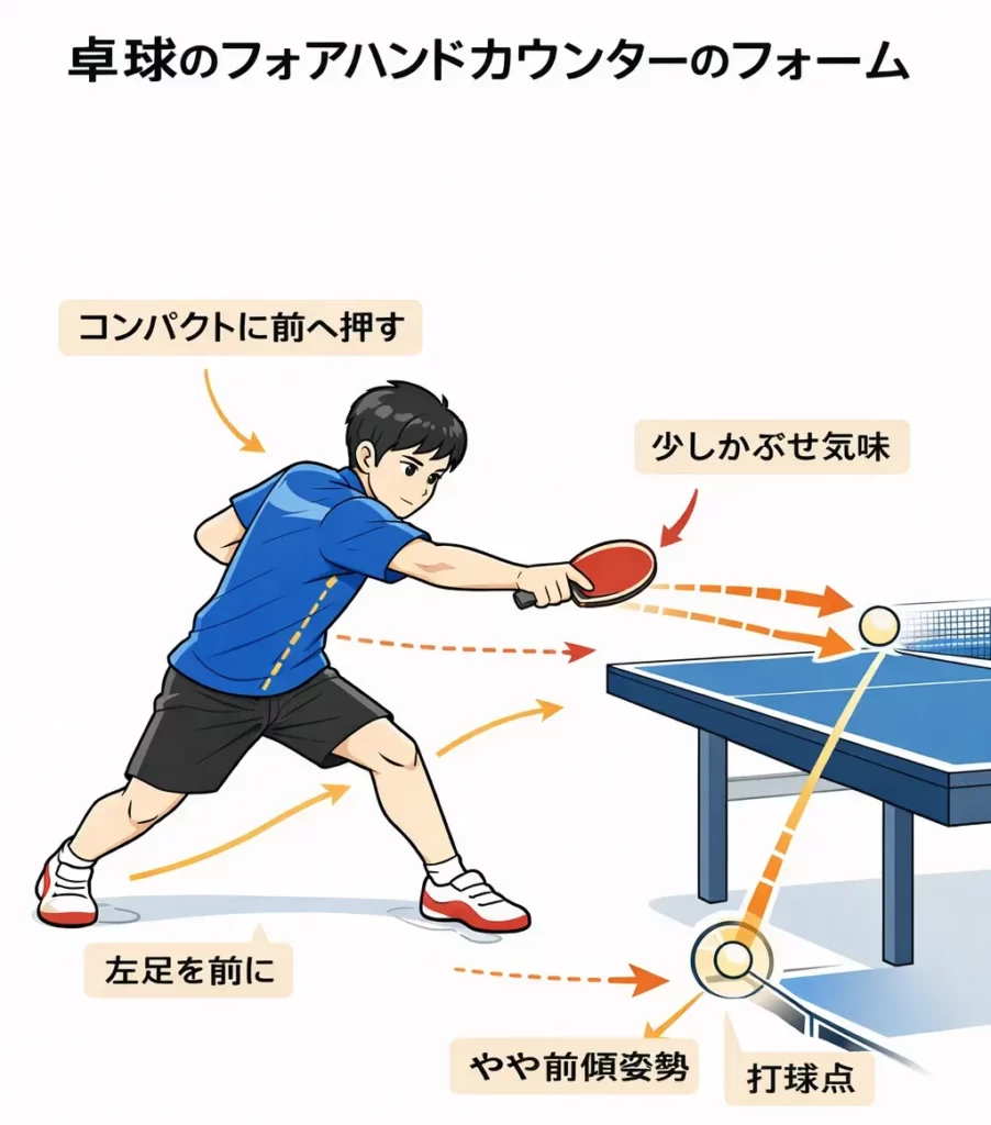 卓球のフォアハンドカウンターの正しいフォームを示した図。打球点・ラケット角度・スイング方向を解説