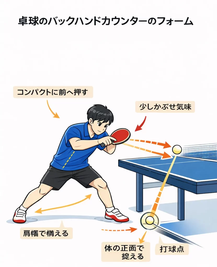 卓球のバックハンドカウンターのフォームを示した図。体の正面で捉える打球点とコンパクトスイングを解