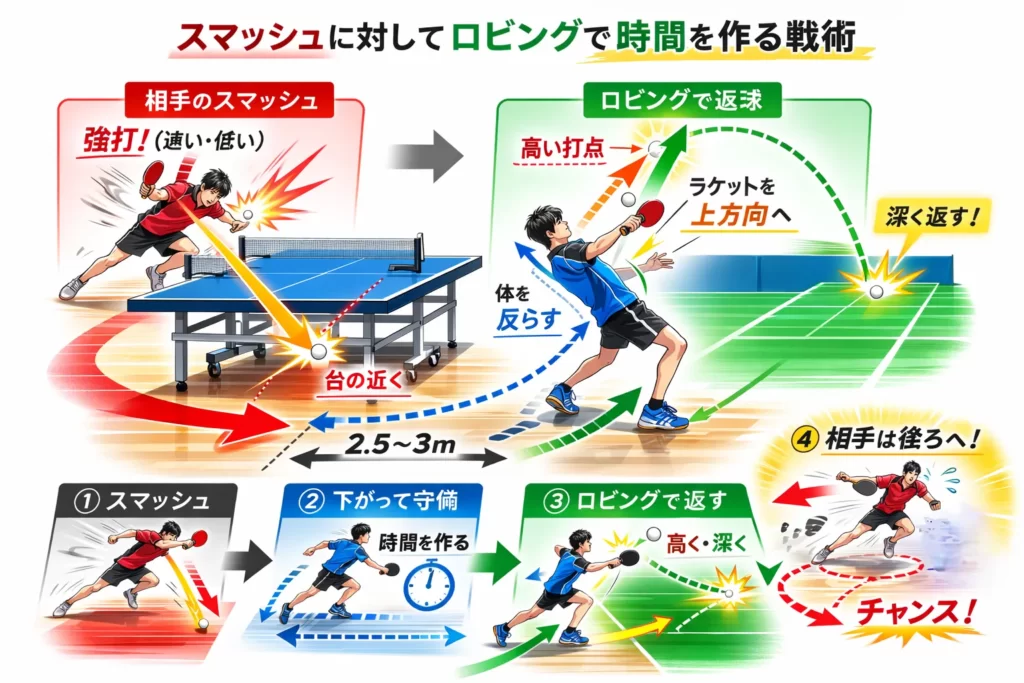 卓球のロビングとスマッシュの関係を示す図。スマッシュは時間を奪い、ロビングは時間を作る戦術であることを表す。