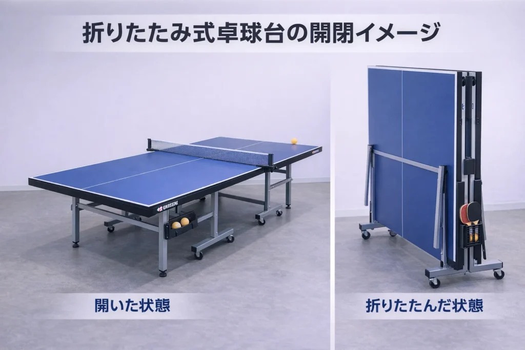 折りたたみ式卓球台の開閉イメージ