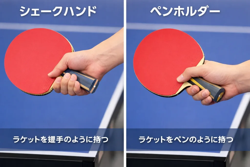 シェークハンド(左)とペンホルダー(右)の持ち方比較