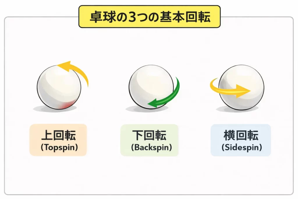 卓球の回転の種類を示した図。上回転・下回転・横回転の回転方向とボールの動きを初心者向けに解説。