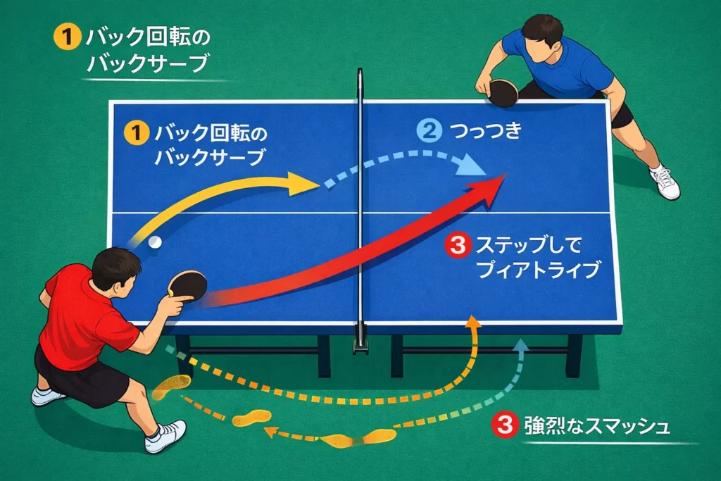 バックの短い下回転サーブから回り込みフォアドライブで攻撃する図解