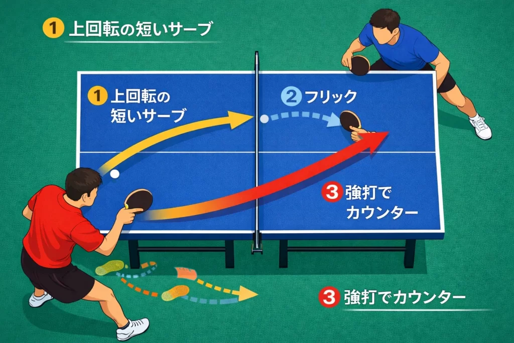 短い上回転サーブからフリックを誘い3球目ドライブで攻撃する図解