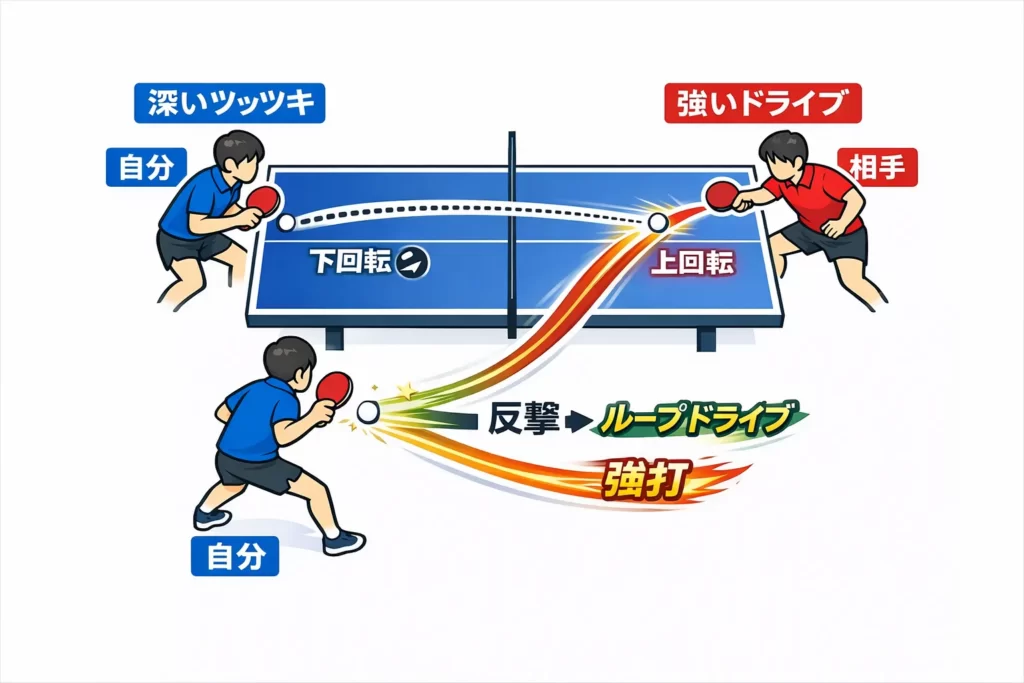 ツッツキレシーブから相手のドライブを４球目で攻撃する図解